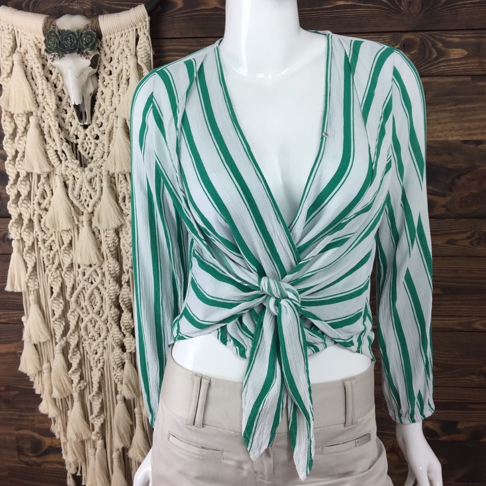 June & Hudson | Striped Faux Wrap Tie Front Blouse Green